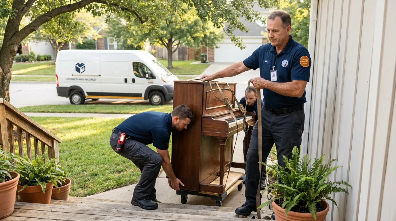 Licensed piano movers securing grand piano in Holton, KS