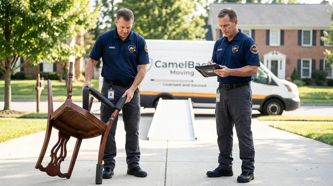 Movers inspecting furniture for damage prevention before loading in Holton, KS