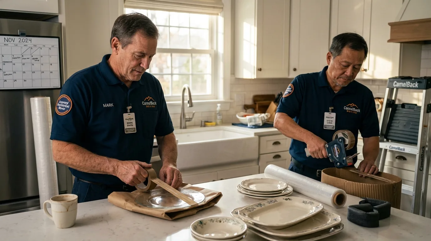 Professional crew packing kitchen dishware in Holton, KS